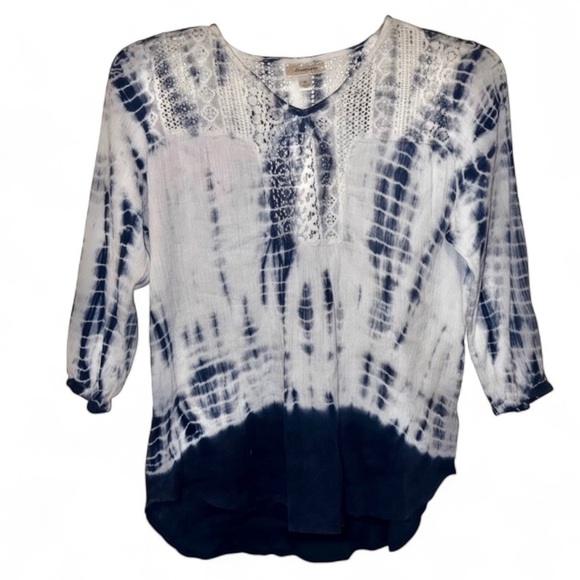 Dress Barn Tops - Dressbarn Blue Tie Dye Lace Peasant Top XL Boho Tunic Blouse